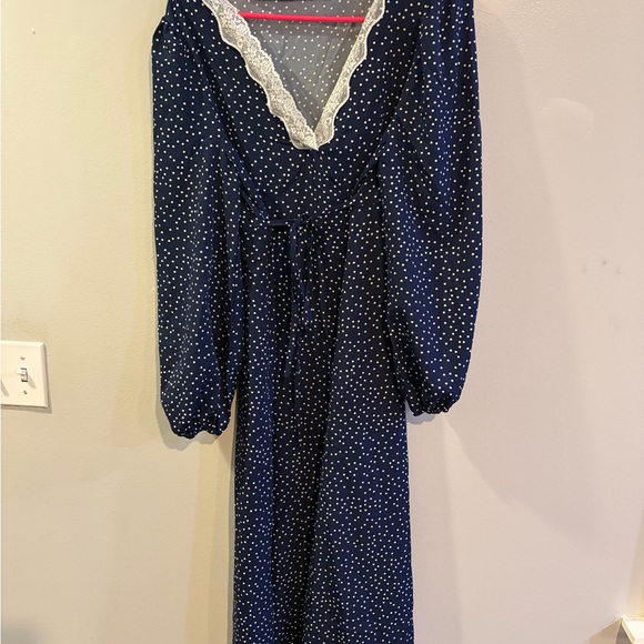 Navy Polka Dot Dress with Lace Trim - Picture 3 of 3